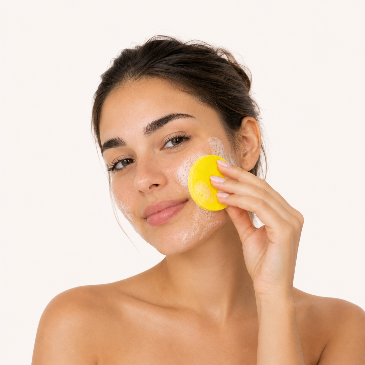 Woman gently applying a brightening cleansing pad to her cheek
