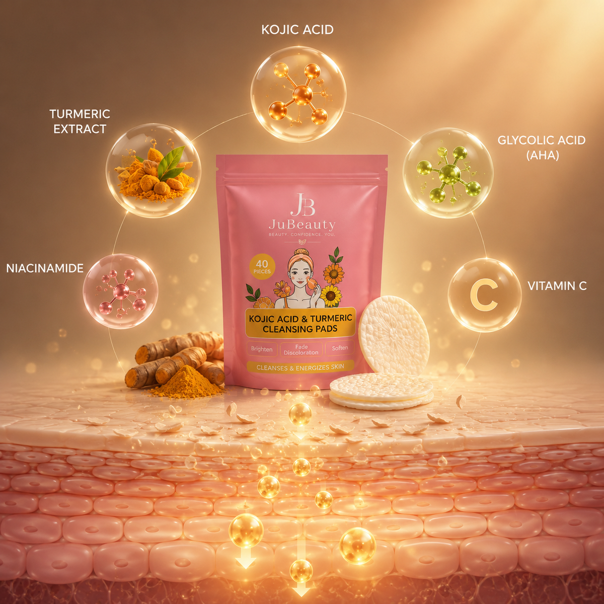 JuBeauty pads surrounded by illustrated key ingredients